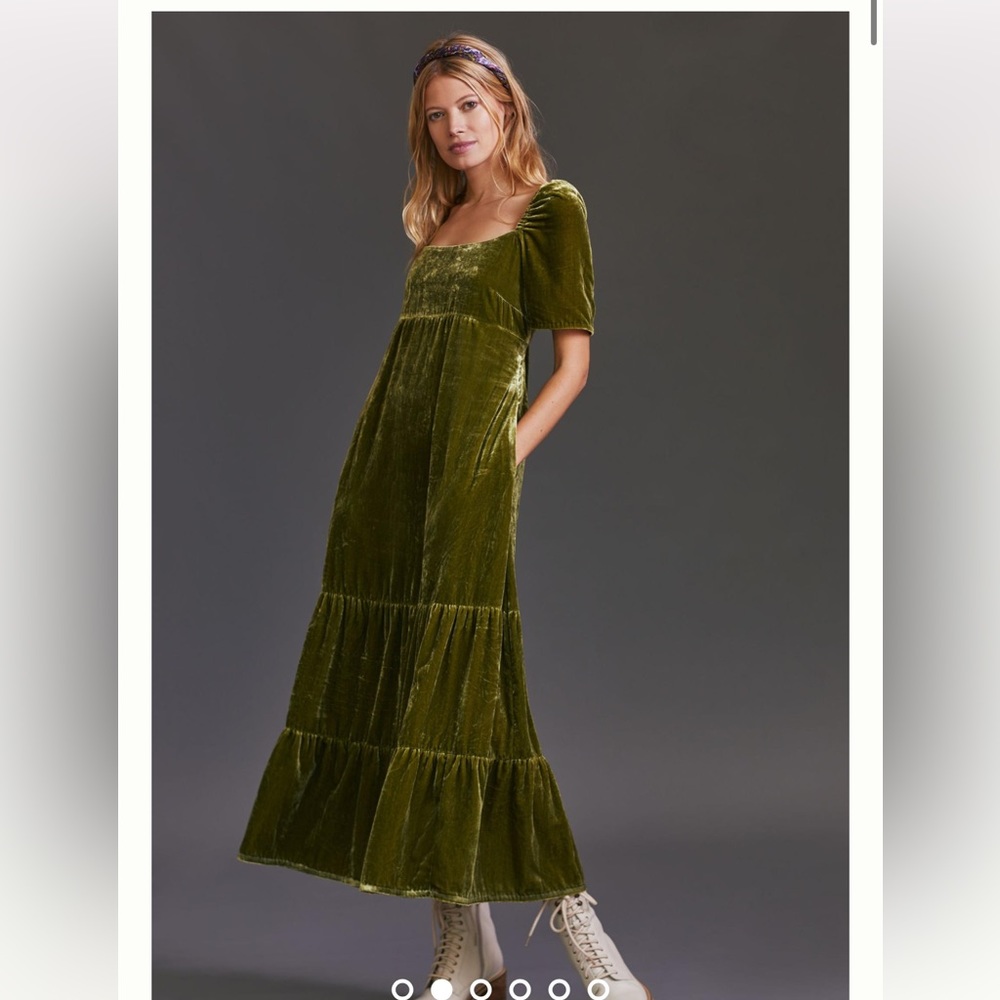NWT Anthropologie Velvet Empire Waist Midi Dress in Green Size 0
